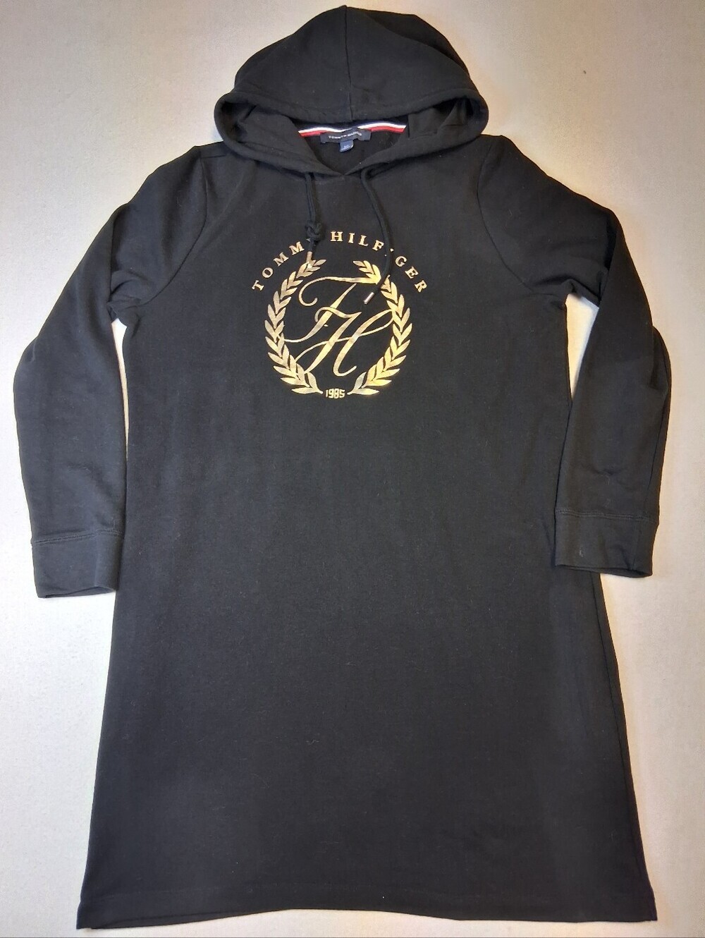 Tommy Hilfiger Black Hoodie Dress with Gold Laurel Emblem